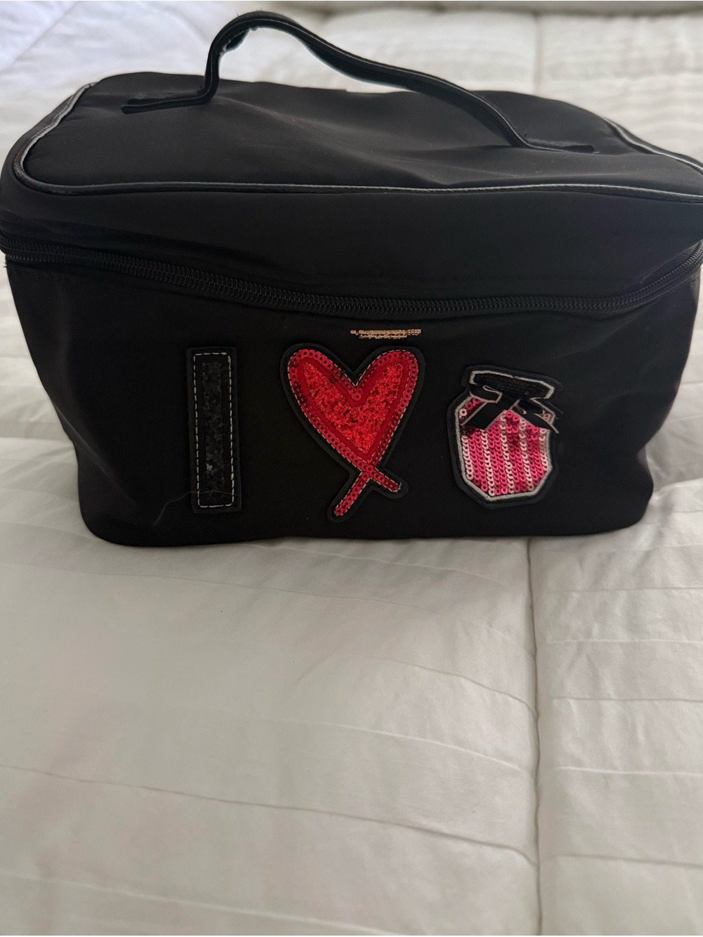 Victoria’s Secret Black Sequin Patch Cosmetic Case - Black with Red Accents